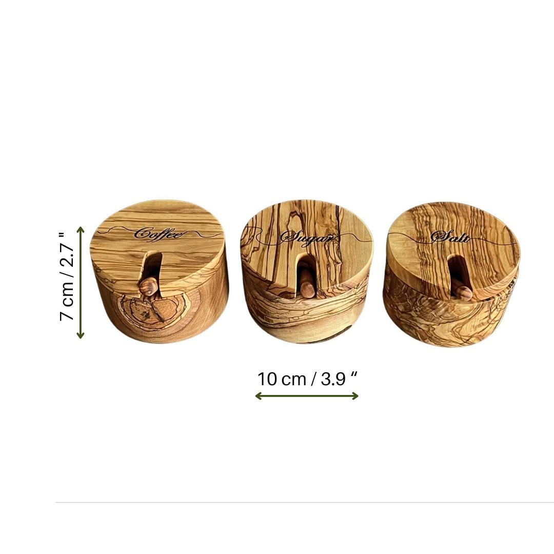 Personalized Olive Wooden Spice Bowl Set | Salt , Sugar Bowl with Spoon