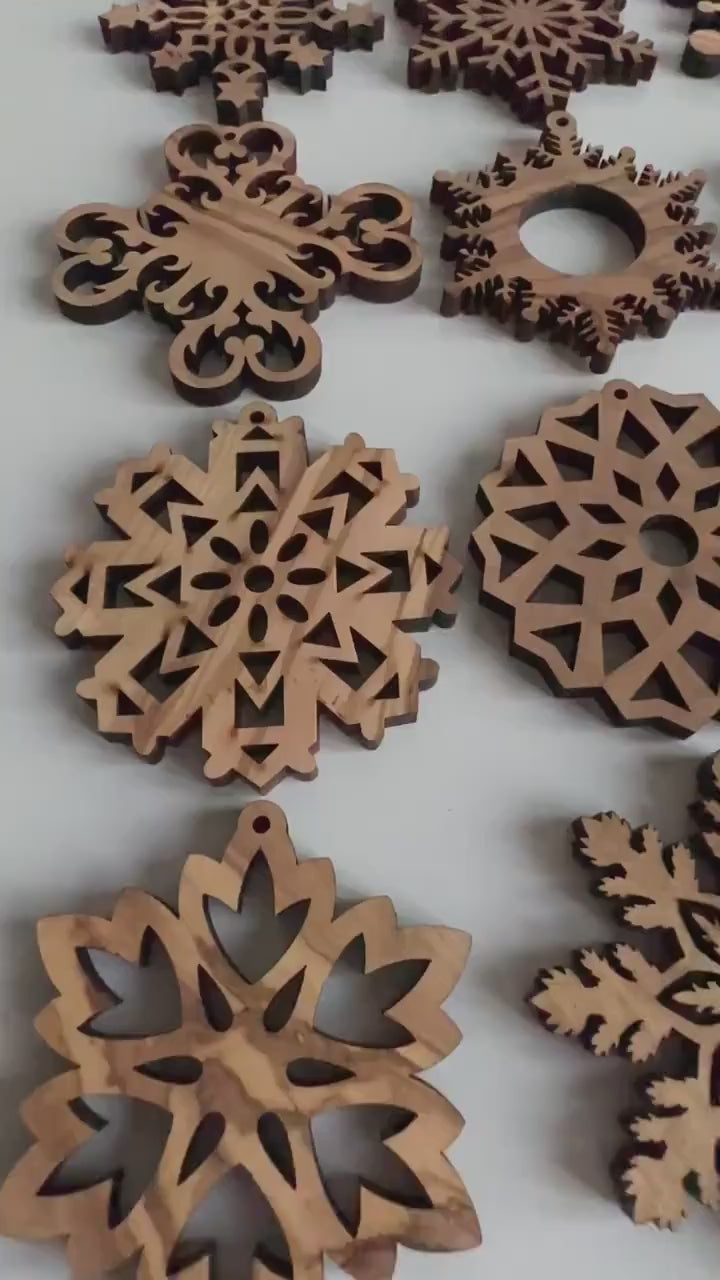 Unique Olive Wood Christmas Ornaments | 30 Snowflake Designs for Holiday Decoration | Wood Christmas Ornaments | Olive Wood Christmas Favors