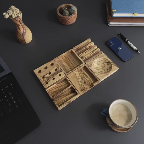 Handmade Olive Wood Desktop Set  - 6 Piece Desktop Set - Wooden Desk Organizer  - Office Supplies - Desk Decor - Wood Desk Accessories