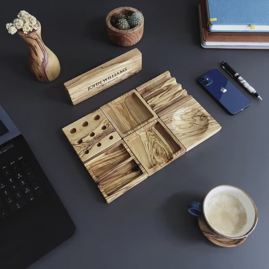 Handmade Olive Wood Desktop Set  - Personalized 7-piece desktop set  -Valentine's Day Gift For Him