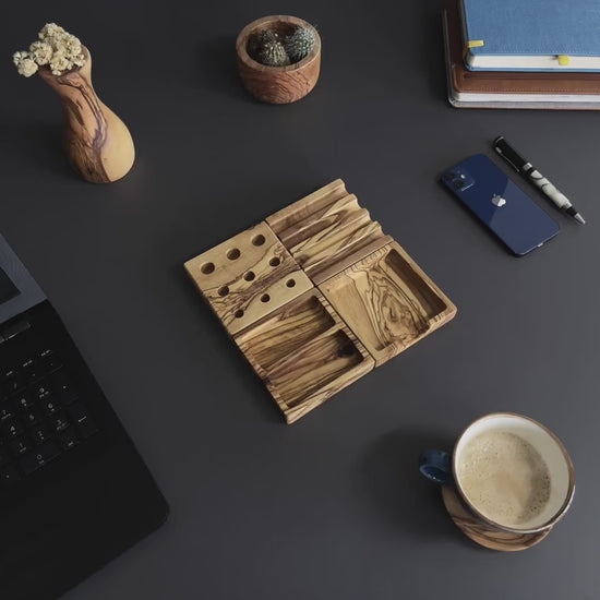 Handmade Olive Wood Desktop Set  - 4 Piece Desktop Set - Wooden Desk Organizer  - Office Supplies - Desk Decor - Wood Desk Accessories