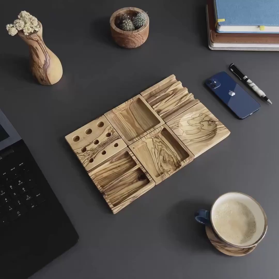 Handmade Olive Wood Desktop Set  - 6 Piece Desktop Set - Wooden Desk Organizer  - Office Supplies - Desk Decor - Christmas Gift