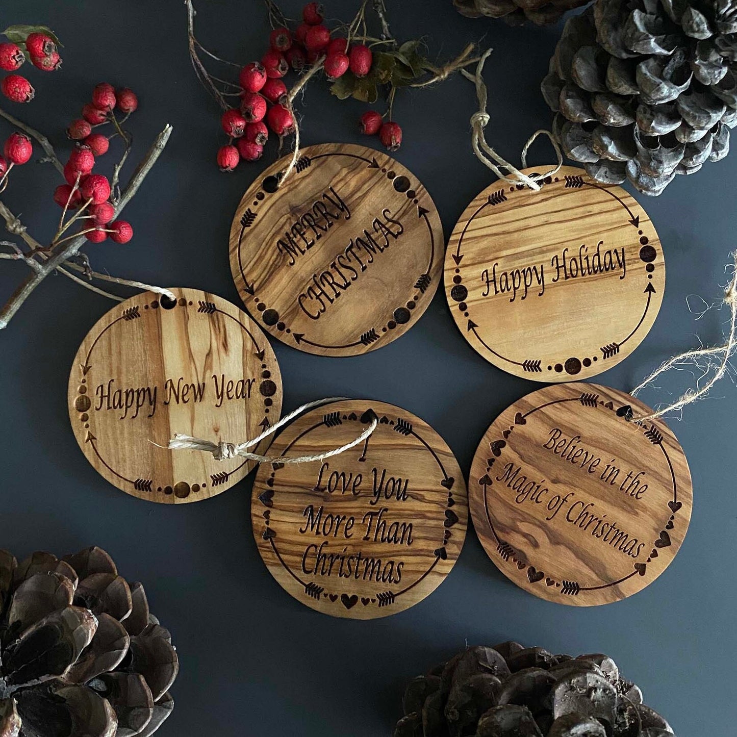 Olive Wood Christmas Ornaments, Wooden Engraved Ornaments Set, Olive Wood Christmas Favors Bundle