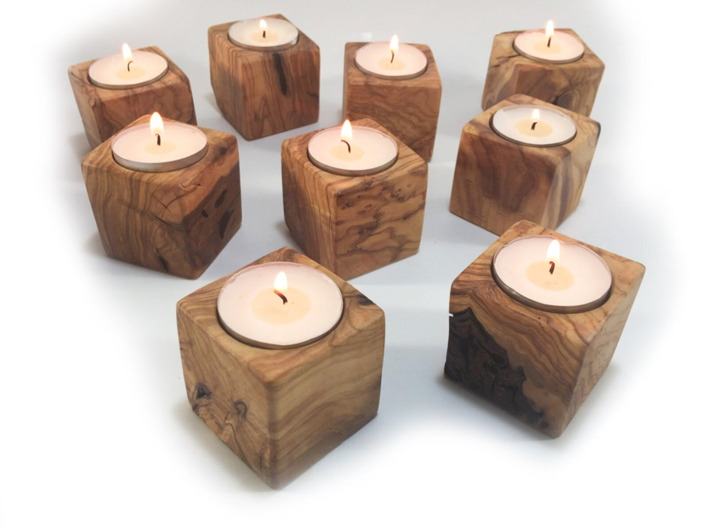 Wooden Cubic Candle Holders, Elegant Olive Wood Tealight Holders, Single - Double - Triple