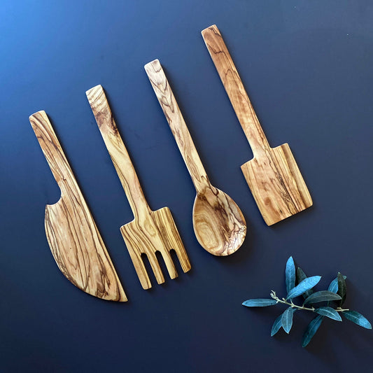 Olive Wood Cutlery Set, Wooden Salad Server Set, Authentic Wooden Spatula, Handmade Wooden Serving Utensils