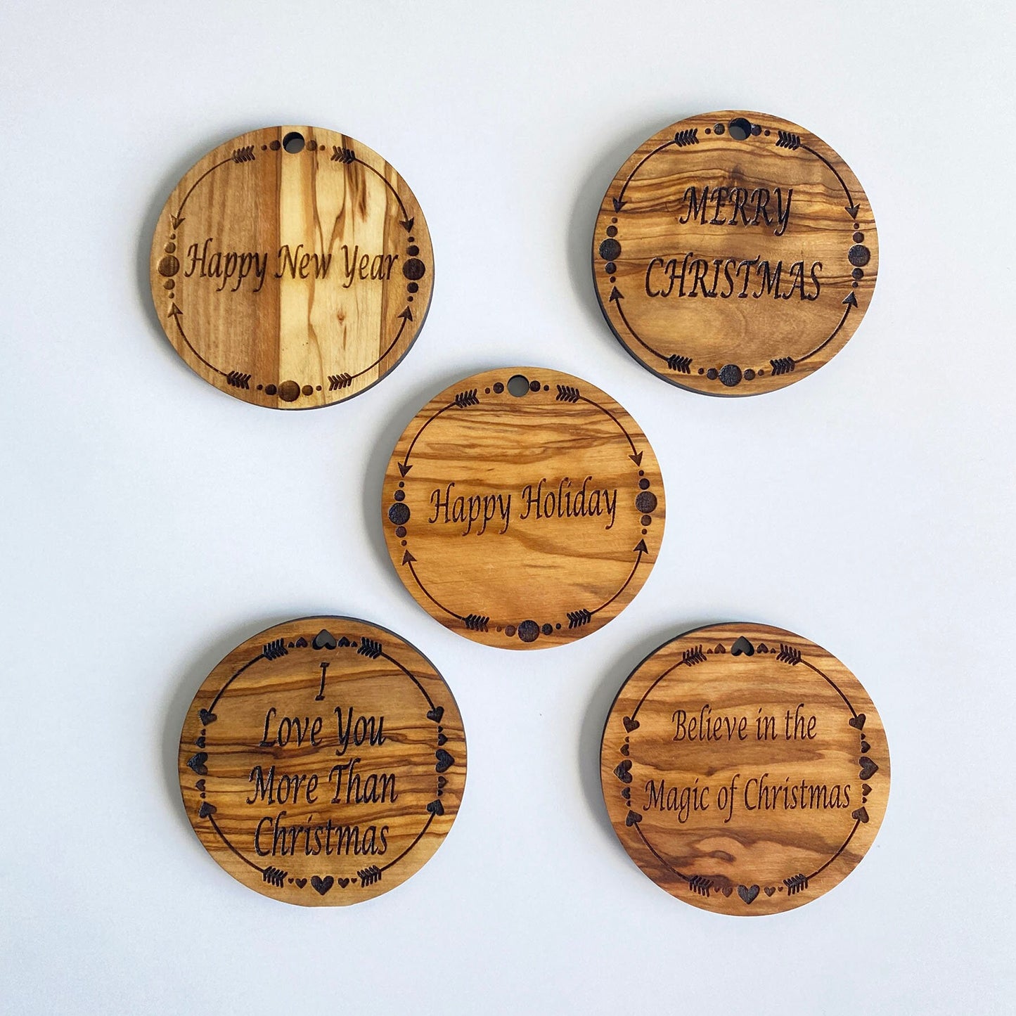 Olive Wood Christmas Ornaments, Wooden Engraved Ornaments Set, Olive Wood Christmas Favors Bundle