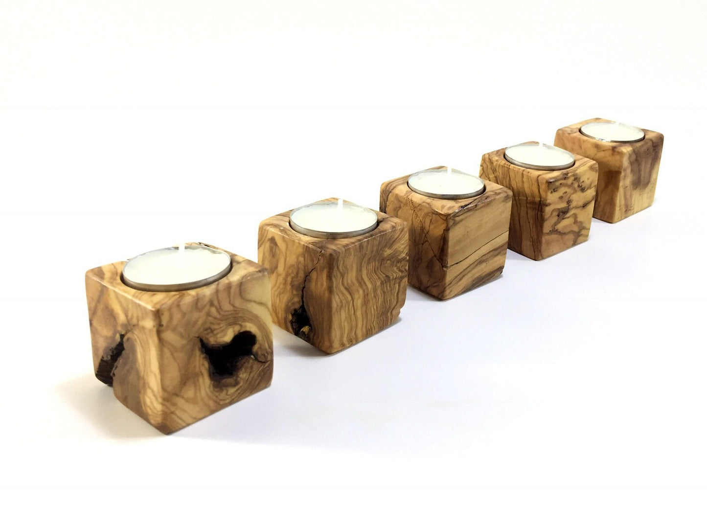 Wooden Cubic Candle Holders, Elegant Olive Wood Tealight Holders, Single - Double - Triple