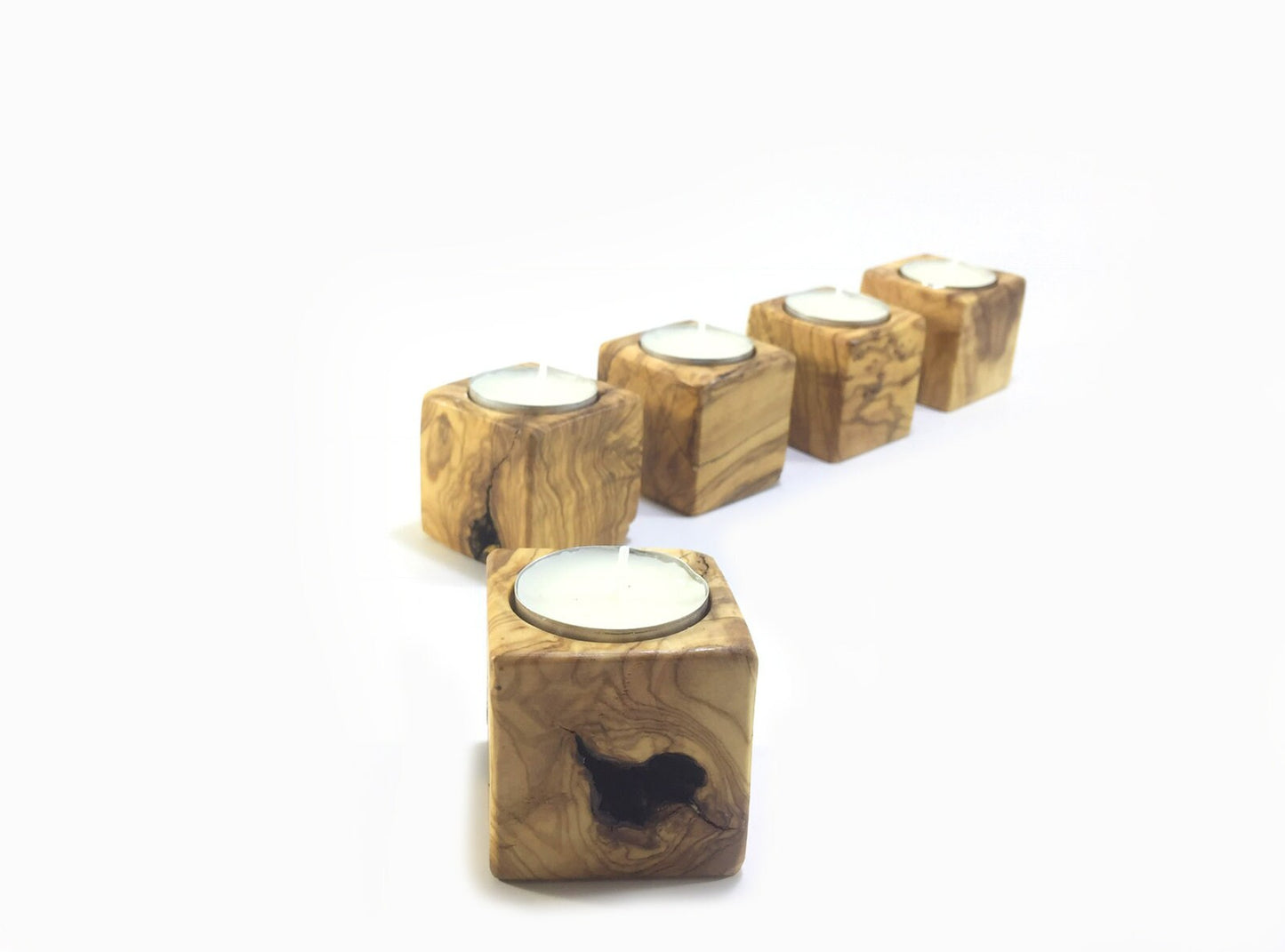 Wooden Cubic Candle Holders, Elegant Olive Wood Tealight Holders, Single - Double - Triple