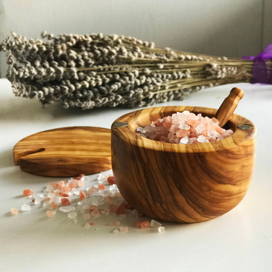 Olive Wood Salt Bowl with Spoon and Lid, Wooden Sugar Bowl, Authentic Spice Bowl, Rustic Wooden Bowl, Minimalist Bowl